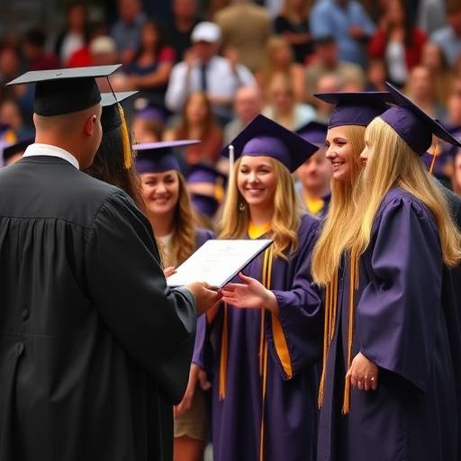 Graduation ceremony with students receiving diplomas and certificates, wearing graduation gowns.