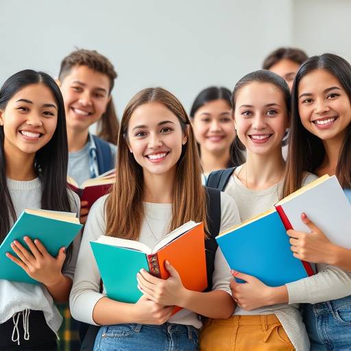 Group of students smiling and holding books at Bright Futures Academy