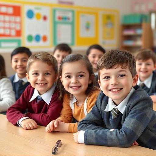 Smiling primary school children in a classroom at Bright Futures Academy