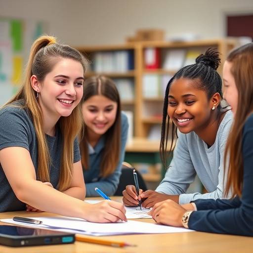 Smiling students in a classroom environment, collaborating on a project.