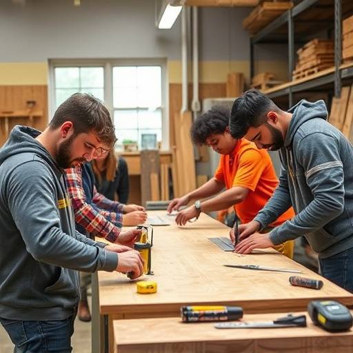 Students learning carpentry skills in a workshop at Bright Futures Academy