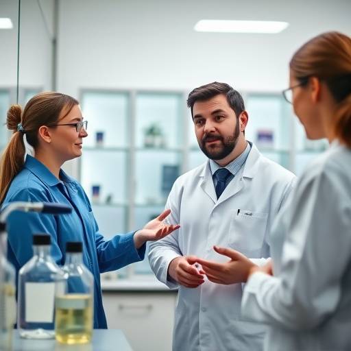 Teacher explaining a concept to students in a science lab, using modern equipment.